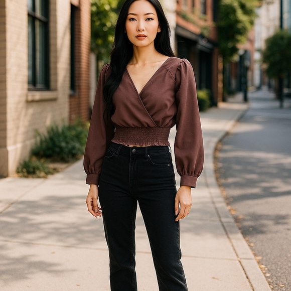 [WOMEN] GRL 🇯🇵 Plum Long Sleeve Back Tie Blouse | US S/JP M | Cottagecore V-Neck - Picture 5 of 8